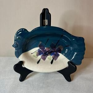 Vintage Follete Bird Dish – Blue Ceramic Trinket / Vanity Bowl, signed